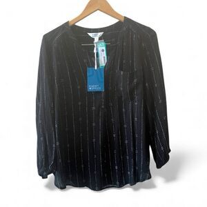 Market & Spruce Black Striped Blouse Sz Large 3/4 Sleeves V-neck Partial Button